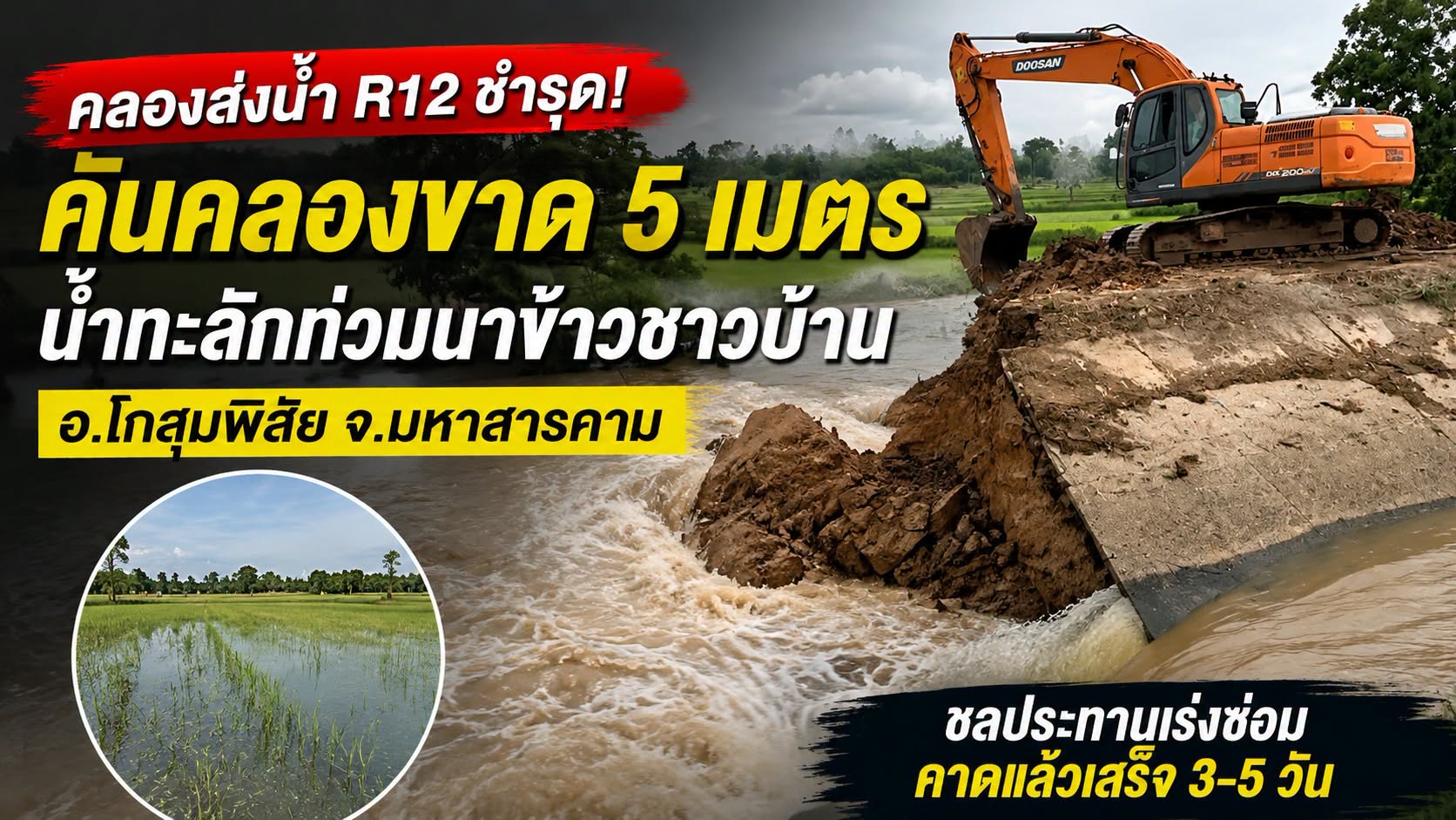 คลองส่งน้ำ R12 ชำรุด คันคลองขาด 5 เมตร น้ำทะลักท่วมนาข้าวชาวบ้านในพื้นที่ อ.โกสุมพิสัย ชลประทานเร่งซ่อม คาดแล้วเสร็จ 3-5 วัน